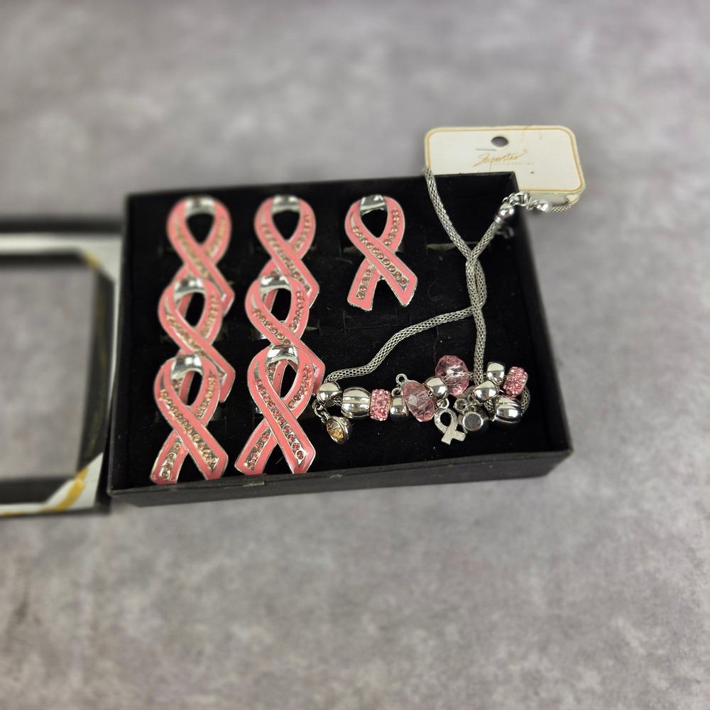 Superstar Accessories Pink Ribbon Breast Cancer Awareness Rings & Necklace Set